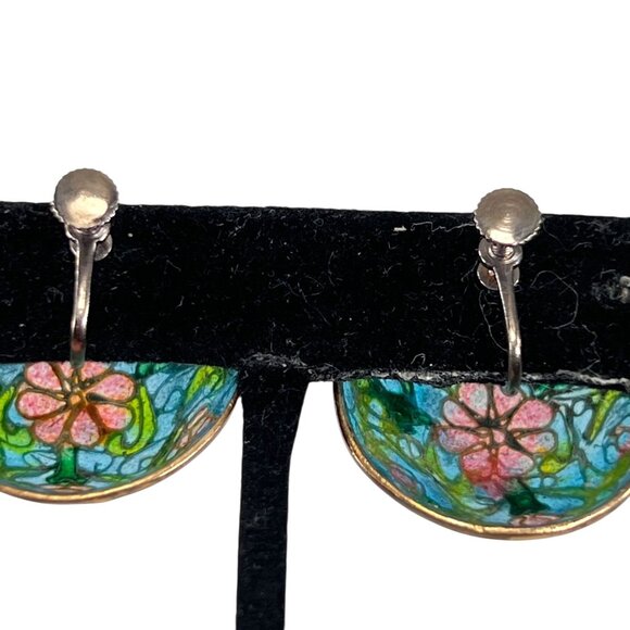 Vtg Floral Cloisonné Screw-Back Dome Earrings Floral Translucent Enamel Art - Picture 2 of 11